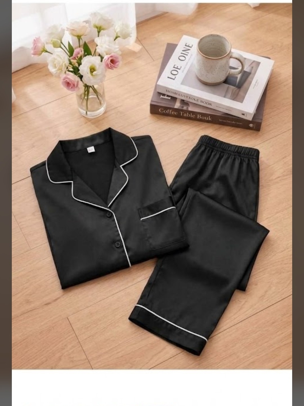 Classic Satin Women's Pajama Set with Contrast Piping - Black